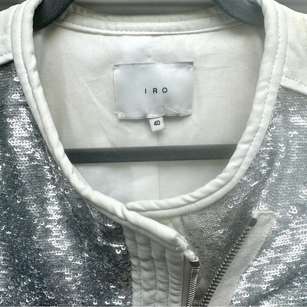 IRO Paris Silver Sequin "Hadley" Moto Blazer with White Leather - Picture 8 of 16